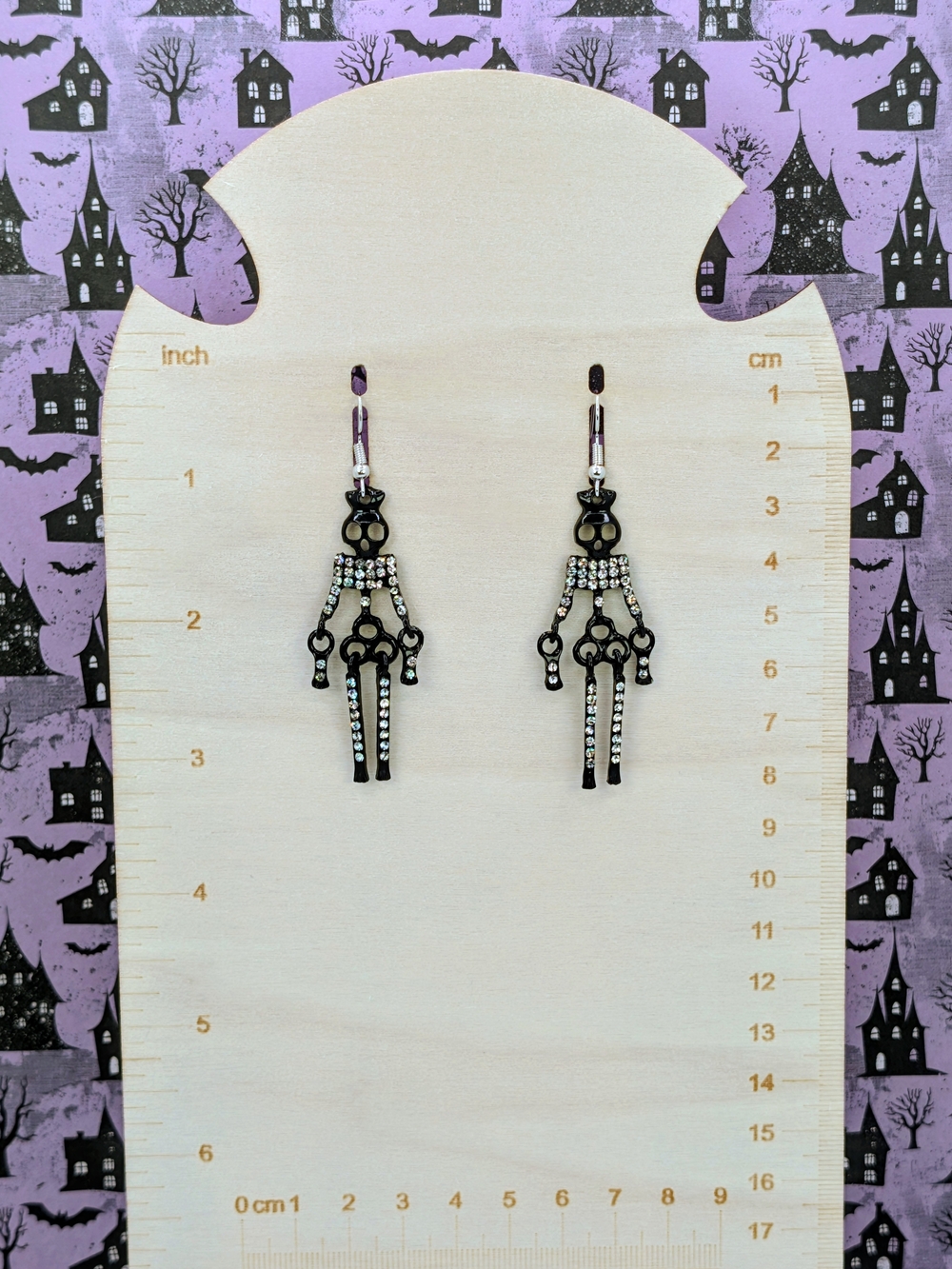 Black Metal Skeleton Rhinestone Jointed Dangle Earrings